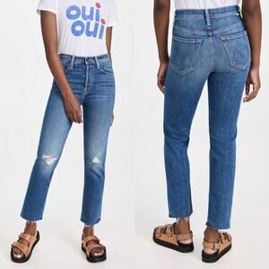 Mother The Tomcat Ankle Fray Straight Leg Jeans Distressed Blue Size 26